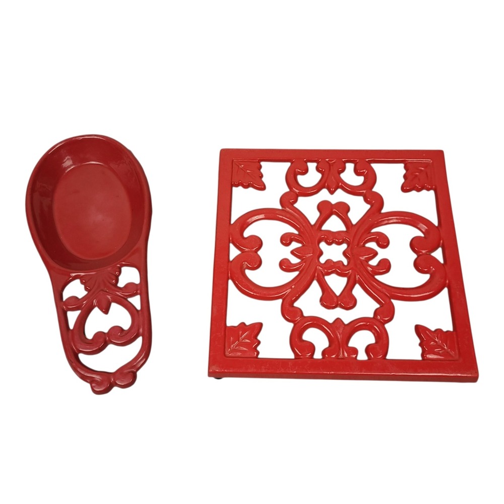 Vintage Red Enamel Cast Iron Filigree Kitchen Trivet & Spoon Rest Farmhouse